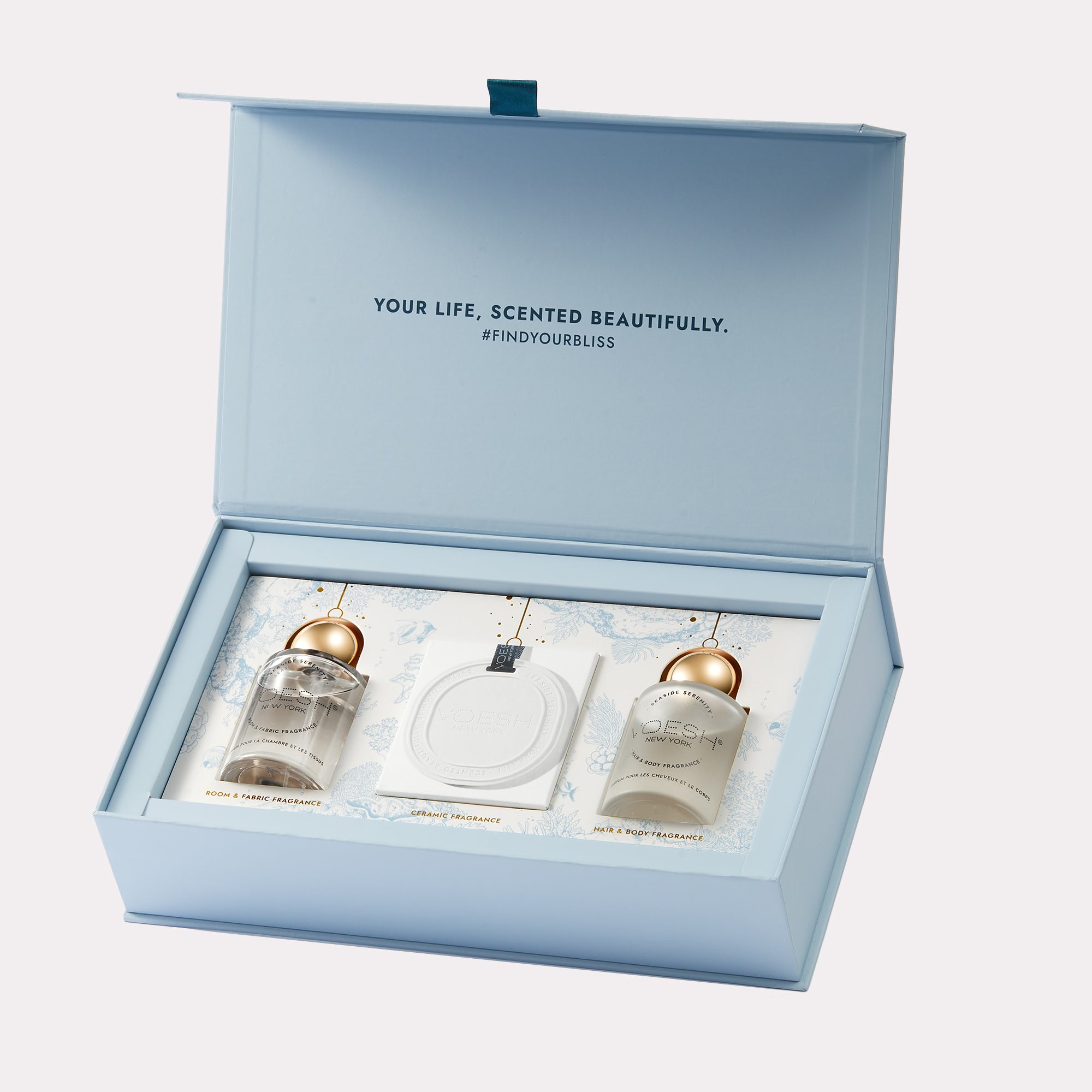 Seaside Serenity Fragrance Set box open to showcase the three fragrances inside, pictured on a white background.